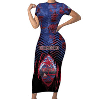 Personalised Guam Family Matching Short Sleeve Bodycon Dress and Hawaiian Shirt Chamorro Seal Tribal Scratch Design DT05 Mom's Dress Navy - Polynesian Pride