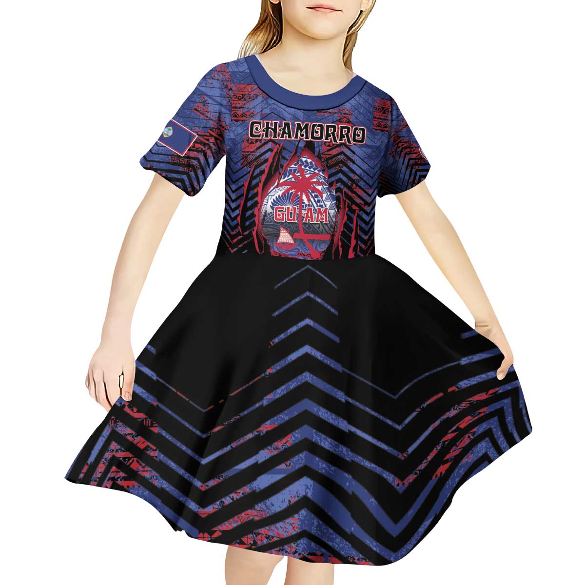 Personalised Guam Kid Short Sleeve Dress Chamorro Seal Tribal Scratch Design - Polynesian Pride