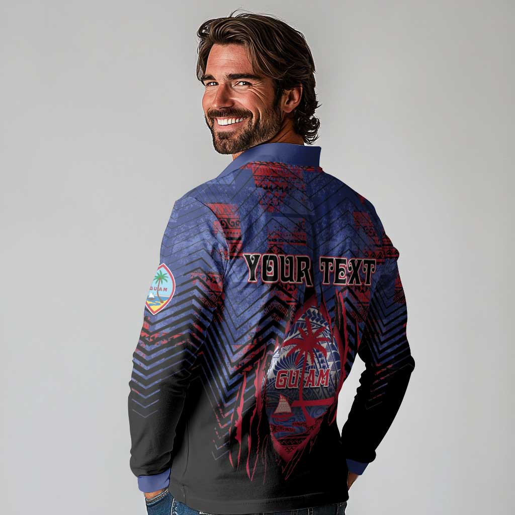 Personalised Guam Long Sleeve Polo Shirt Chamorro Seal Tribal Scratch Design - Polynesian Pride