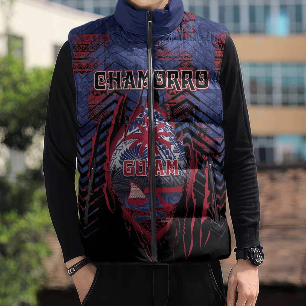 Personalised Guam Sleeveless Puffer Jacket Chamorro Seal Tribal Scratch Design - Polynesian Pride