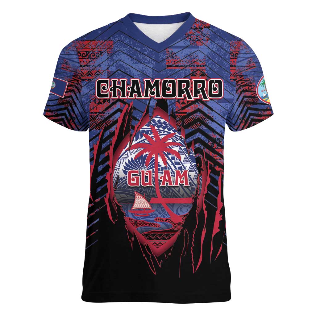 Personalised Guam Women V-Neck T-Shirt Chamorro Seal Tribal Scratch Design - Polynesian Pride