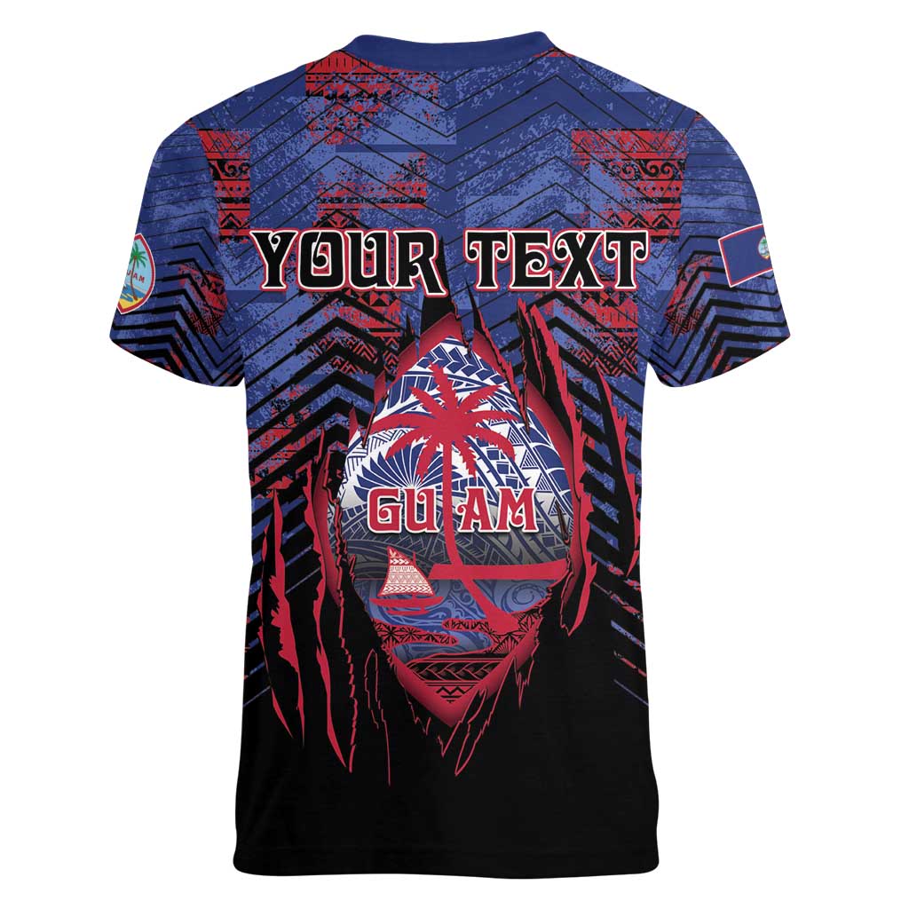 Personalised Guam Women V-Neck T-Shirt Chamorro Seal Tribal Scratch Design - Polynesian Pride