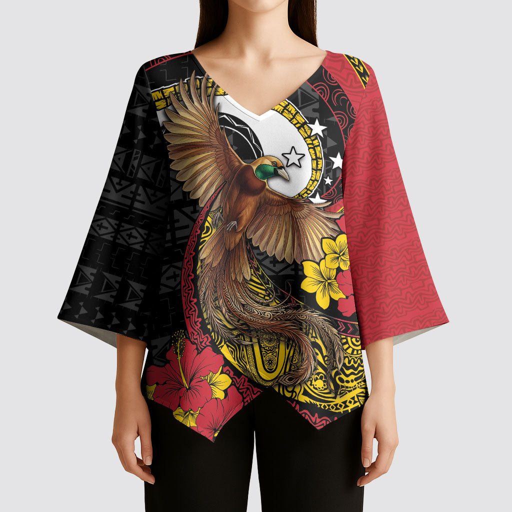 Personalised Papua New Guinea Language Week Kimono Sleeve Blouse Bird Of Paradise Tribal Floral Pattern DT05 - Polynesian Pride