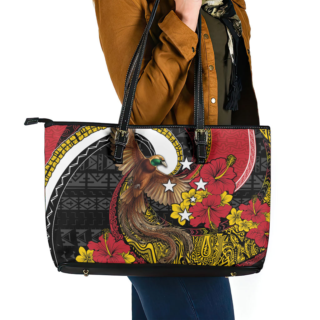 Papua New Guinea Language Week Leather Tote Bag Bird Of Paradise Tribal Floral Pattern DT05 - Polynesian Pride