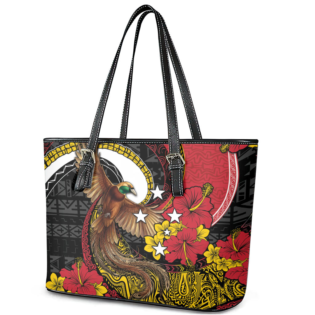 Papua New Guinea Language Week Leather Tote Bag Bird Of Paradise Tribal Floral Pattern DT05 - Polynesian Pride
