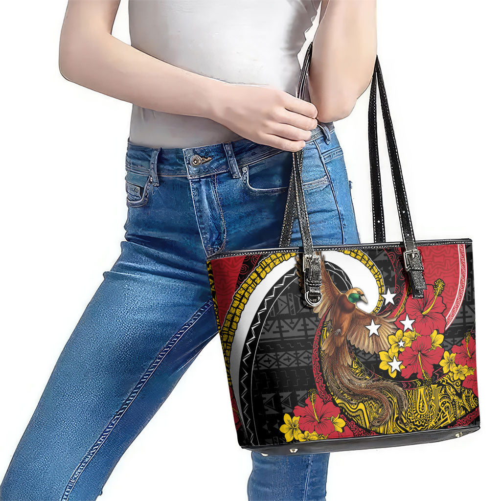 Papua New Guinea Language Week Leather Tote Bag Bird Of Paradise Tribal Floral Pattern DT05 - Polynesian Pride