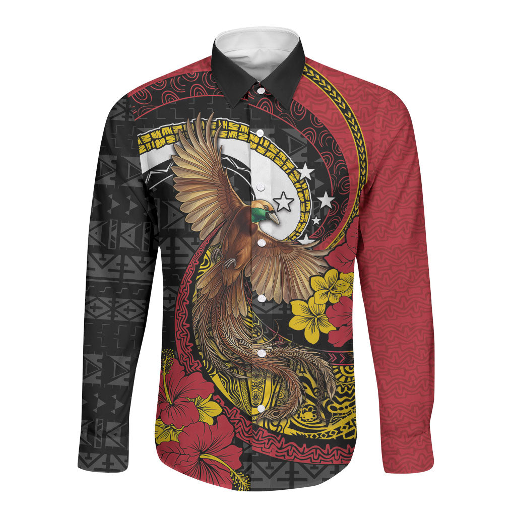 Personalised Papua New Guinea Language Week Long Sleeve Button Shirt Bird Of Paradise Tribal Floral Pattern