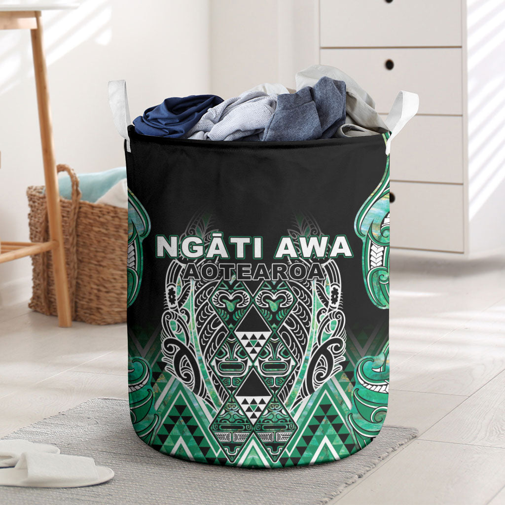 Aotearoa Ngati Awa Laundry Basket Maori Tribal Green Marble Paua Shell Pattern