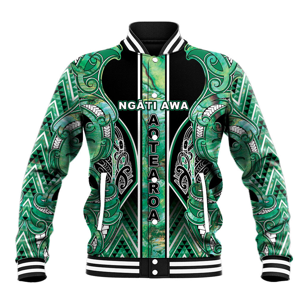 Aotearoa Ngati Awa Baseball Jacket Maori Tribal Green Marble Paua Shell Pattern DT05 Unisex Green - Polynesian Pride