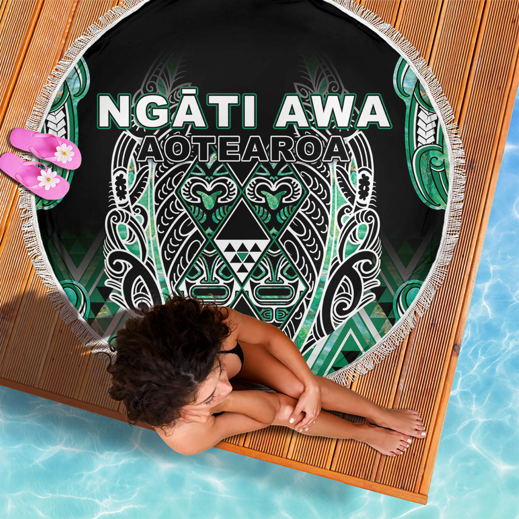 Aotearoa Ngati Awa Beach Blanket Maori Tribal Green Marble Paua Shell Pattern DT05 - Polynesian Pride