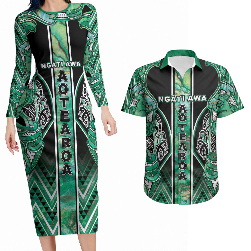 Aotearoa Ngati Awa Couples Matching Long Sleeve Bodycon Dress and Hawaiian Shirt Maori Tribal Green Marble Paua Shell Pattern DT05 Green - Polynesian Pride