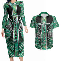 Aotearoa Ngati Awa Couples Matching Long Sleeve Bodycon Dress and Hawaiian Shirt Maori Tribal Green Marble Paua Shell Pattern DT05 Green - Polynesian Pride