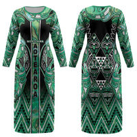 Aotearoa Ngati Awa Couples Matching Long Sleeve Bodycon Dress and Hawaiian Shirt Maori Tribal Green Marble Paua Shell Pattern DT05 - Polynesian Pride