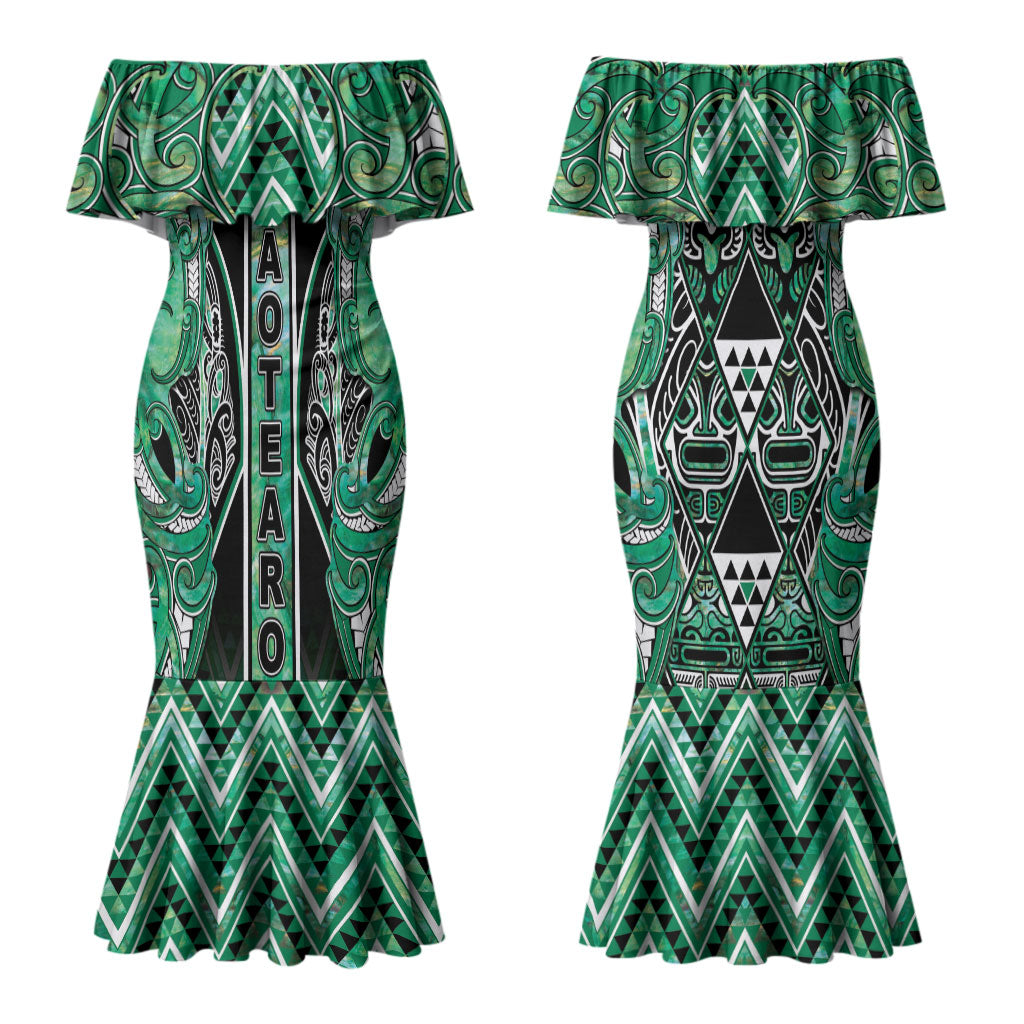 Aotearoa Ngati Awa Couples Matching Mermaid Dress and Hawaiian Shirt Maori Tribal Green Marble Paua Shell Pattern DT05 - Polynesian Pride