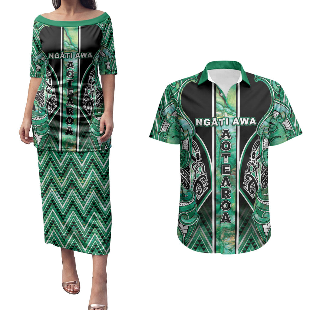 Aotearoa Ngati Awa Couples Matching Puletasi and Hawaiian Shirt Maori Tribal Green Marble Paua Shell Pattern DT05 Green - Polynesian Pride