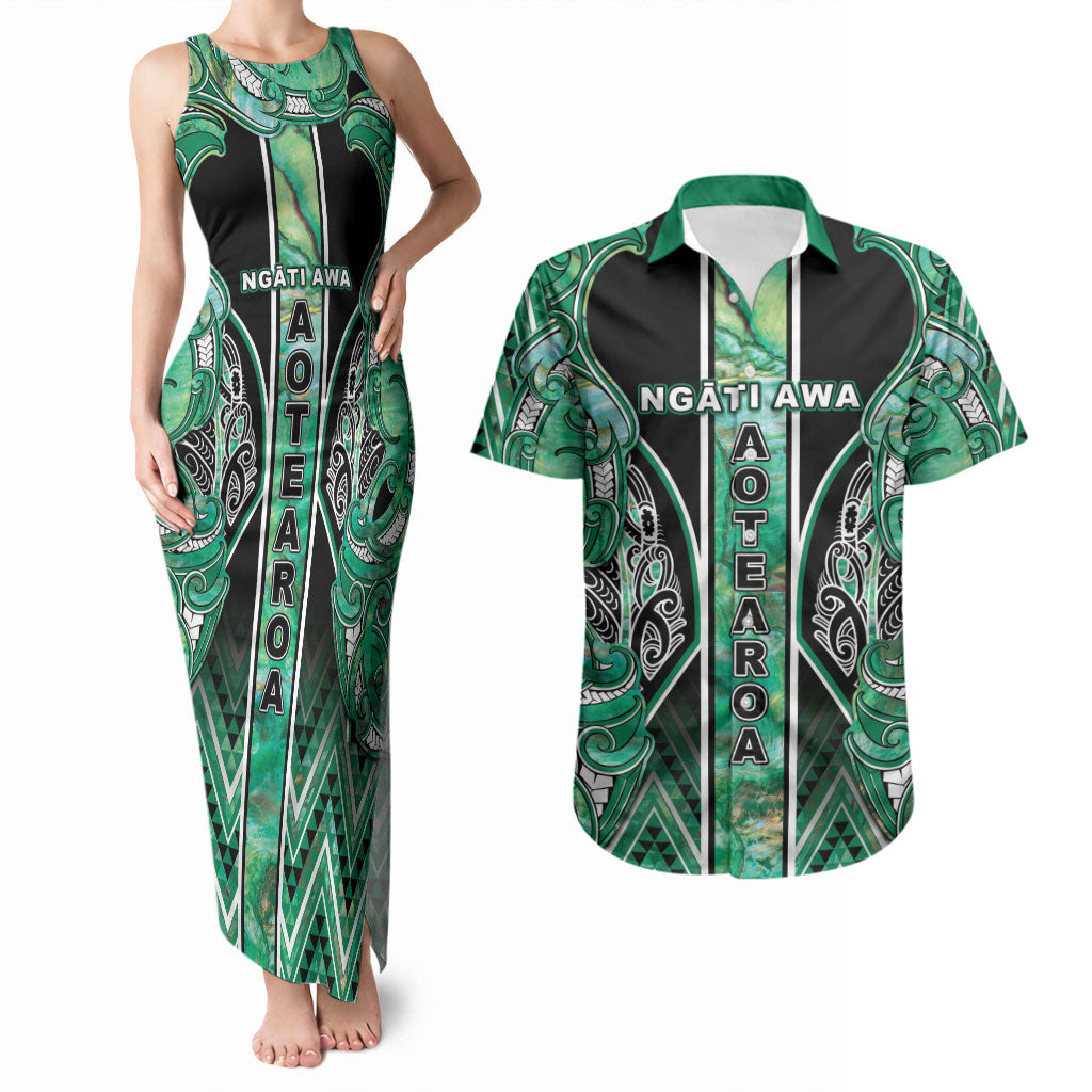Aotearoa Ngati Awa Couples Matching Tank Maxi Dress and Hawaiian Shirt Maori Tribal Green Marble Paua Shell Pattern DT05 Green - Polynesian Pride