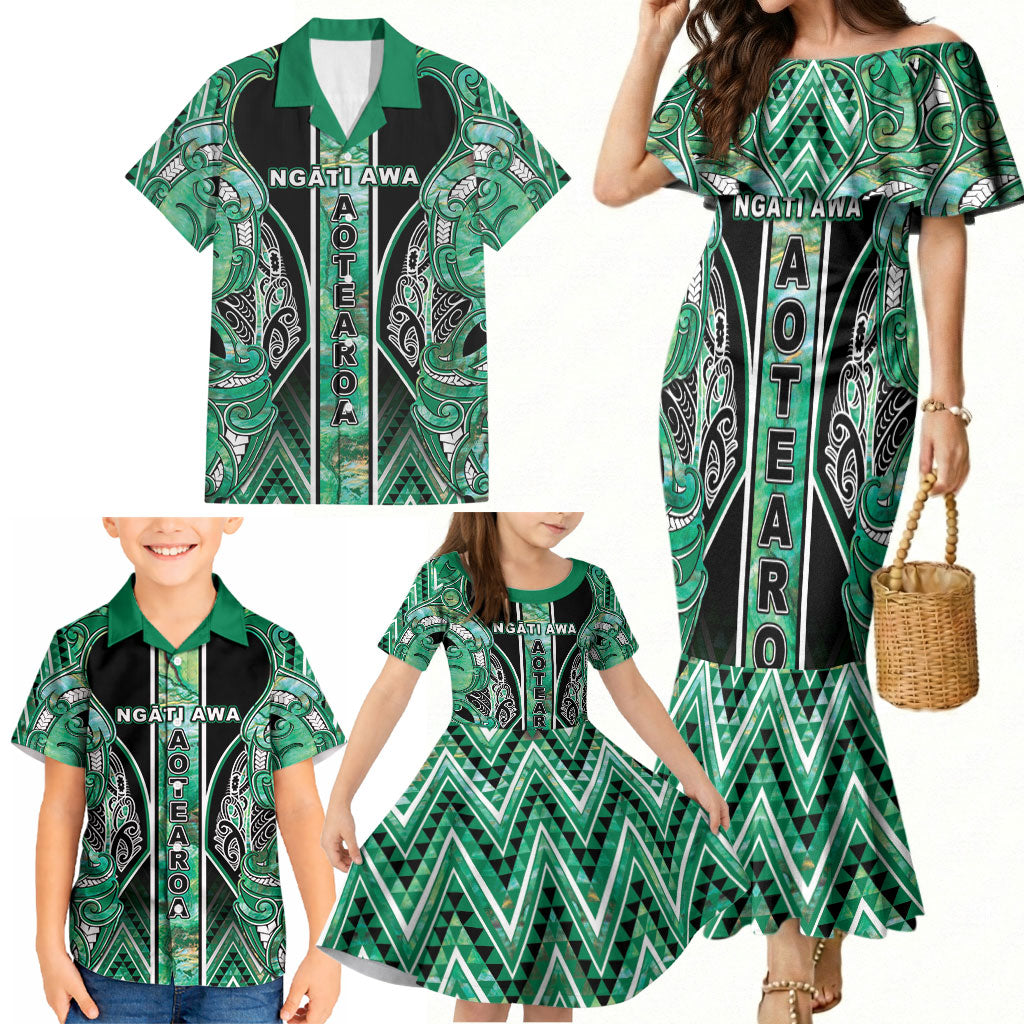 Aotearoa Ngati Awa Family Matching Mermaid Dress and Hawaiian Shirt Maori Tribal Green Marble Paua Shell Pattern DT05 - Polynesian Pride