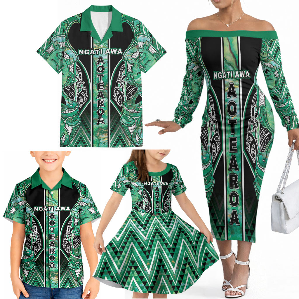Aotearoa Ngati Awa Family Matching Off The Shoulder Long Sleeve Dress and Hawaiian Shirt Maori Tribal Green Marble Paua Shell Pattern DT05 - Polynesian Pride
