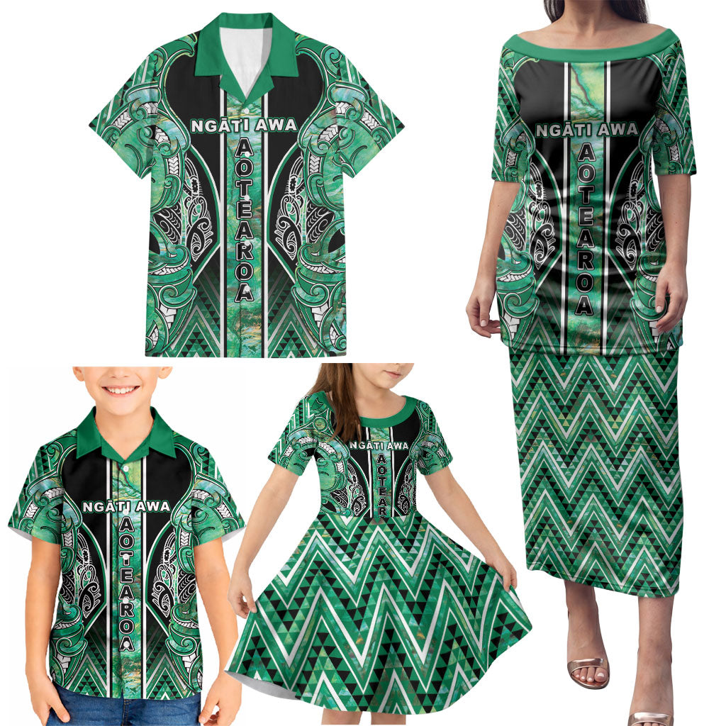 Aotearoa Ngati Awa Family Matching Puletasi and Hawaiian Shirt Maori Tribal Green Marble Paua Shell Pattern DT05 - Polynesian Pride