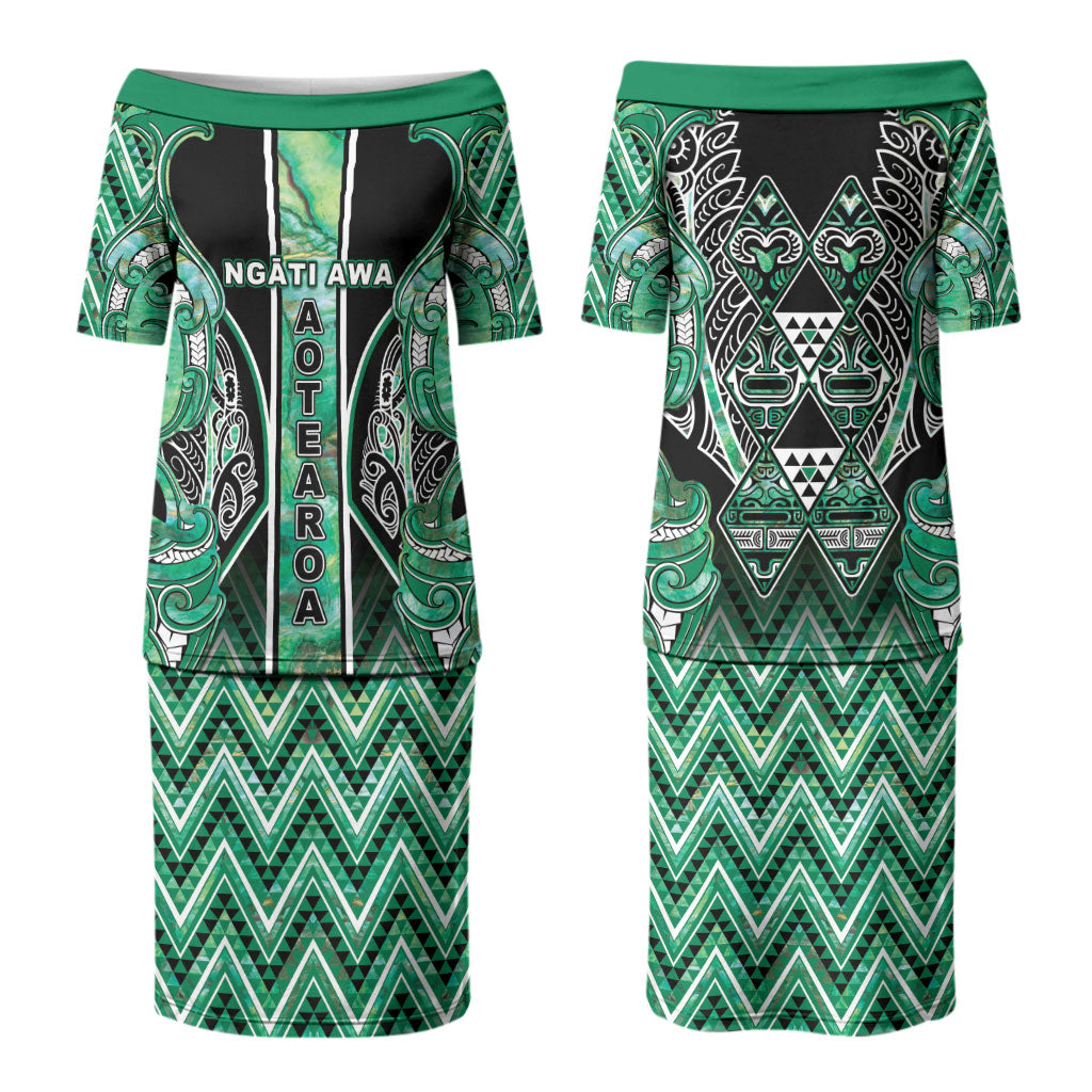 Aotearoa Ngati Awa Family Matching Puletasi and Hawaiian Shirt Maori Tribal Green Marble Paua Shell Pattern DT05 Mom's Dress Green - Polynesian Pride