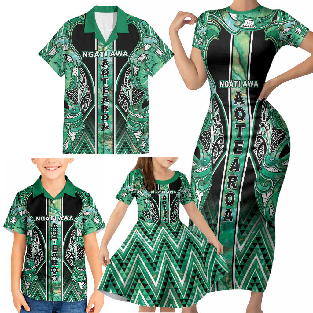 Aotearoa Ngati Awa Family Matching Short Sleeve Bodycon Dress and Hawaiian Shirt Maori Tribal Green Marble Paua Shell Pattern DT05 - Polynesian Pride