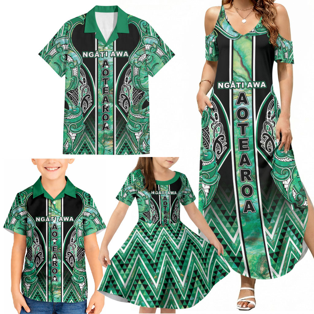 Aotearoa Ngati Awa Family Matching Summer Maxi Dress and Hawaiian Shirt Maori Tribal Green Marble Paua Shell Pattern DT05 - Polynesian Pride