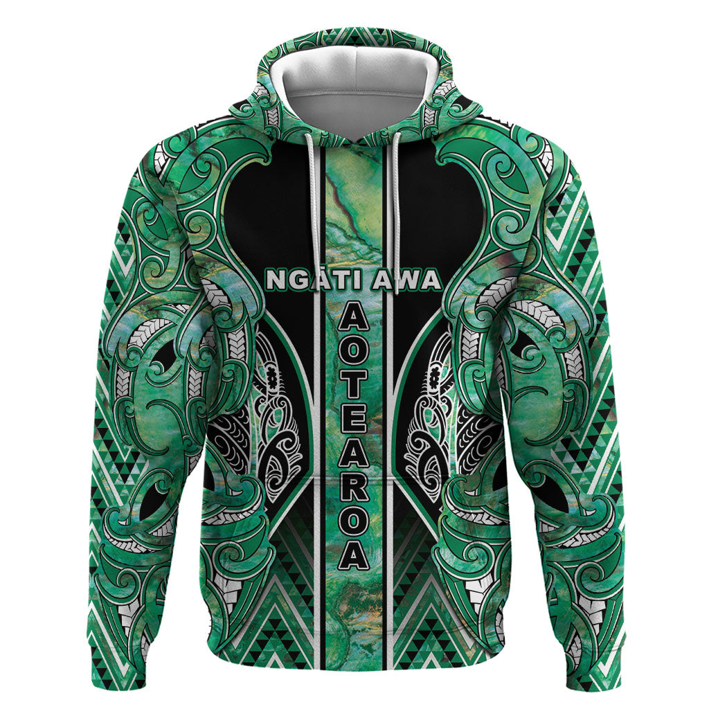 Aotearoa Ngati Awa Hoodie Maori Tribal Green Marble Paua Shell Pattern