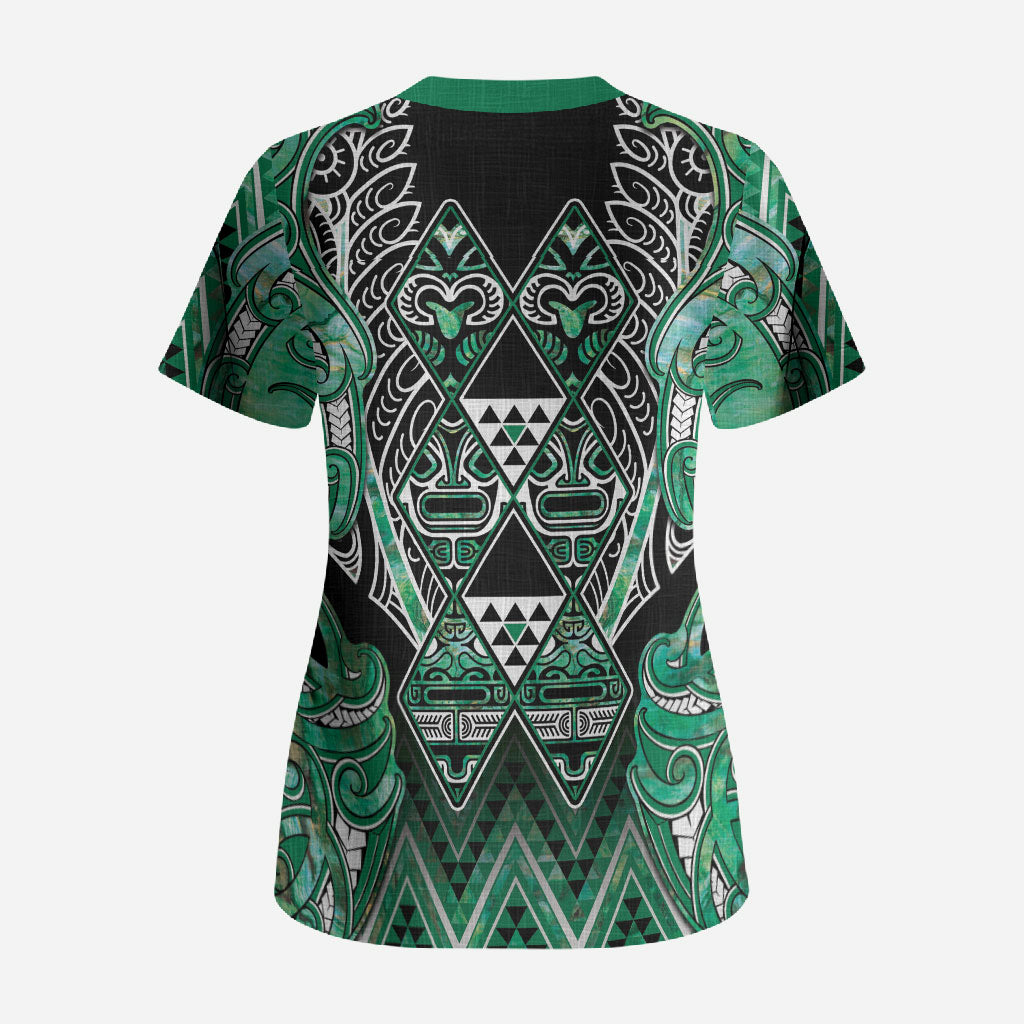 Aotearoa Ngati Awa Scrub Top Maori Tribal Green Marble Paua Shell Pattern DT05 - Polynesian Pride