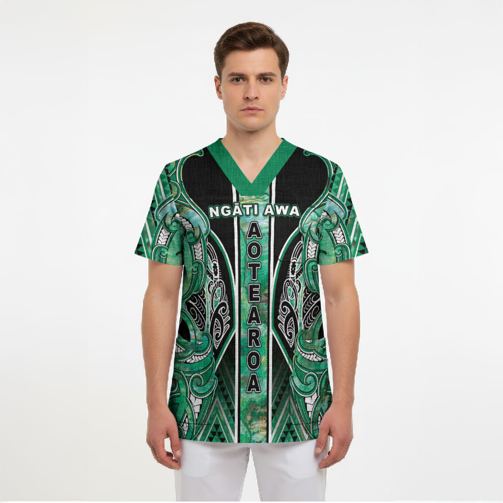 Aotearoa Ngati Awa Scrub Top Maori Tribal Green Marble Paua Shell Pattern DT05 - Polynesian Pride