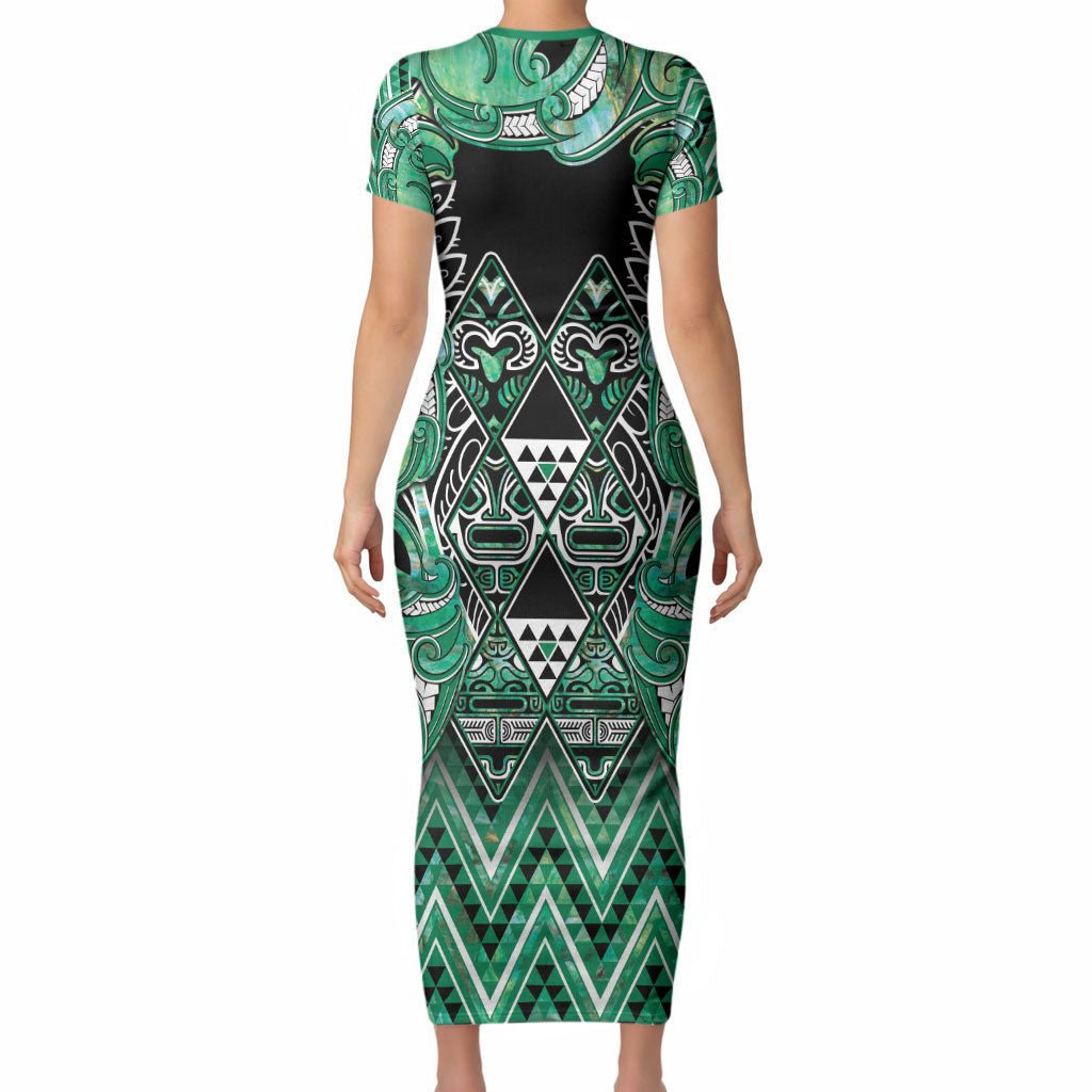 Aotearoa Ngati Awa Short Sleeve Bodycon Dress Maori Tribal Green Marble Paua Shell Pattern DT05 - Polynesian Pride