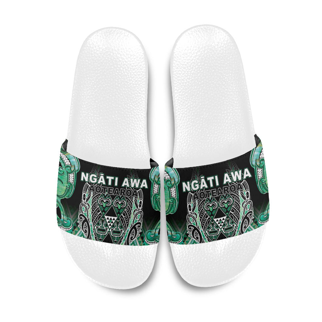 Aotearoa Ngati Awa Slide Sandals Maori Tribal Green Marble Paua Shell Pattern DT05 Green - Polynesian Pride