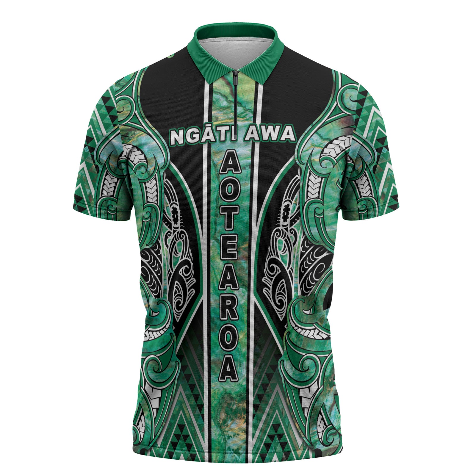 Aotearoa Ngati Awa Zipper Polo Shirt Maori Tribal Green Marble Paua Shell Pattern