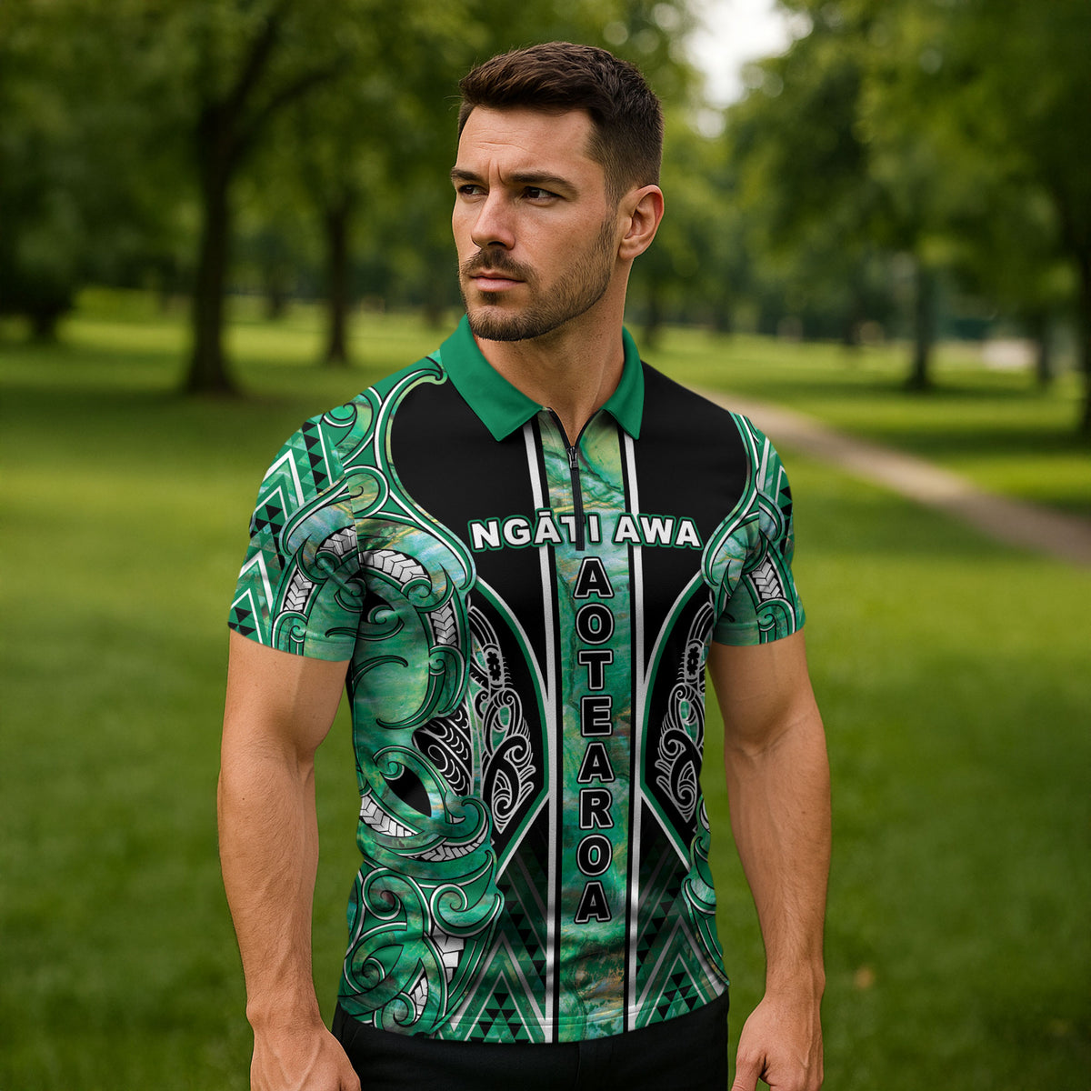 Aotearoa Ngati Awa Zipper Polo Shirt Maori Tribal Green Marble Paua Shell Pattern DT05 - Polynesian Pride