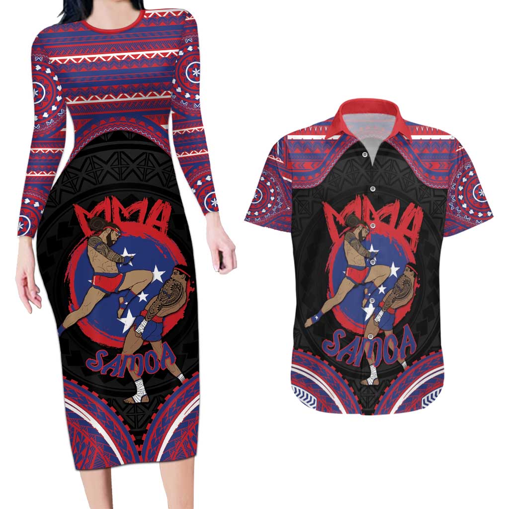 Personalised Samoa Mixed Martial Arts Couples Matching Long Sleeve Bodycon Dress and Hawaiian Shirt Flying Knee Of Samoan DT05 Black - Polynesian Pride