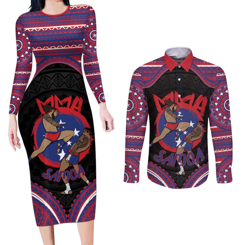 Personalised Samoa Mixed Martial Arts Couples Matching Long Sleeve Bodycon Dress and Long Sleeve Button Shirt Flying Knee Of Samoan - Polynesian Pride