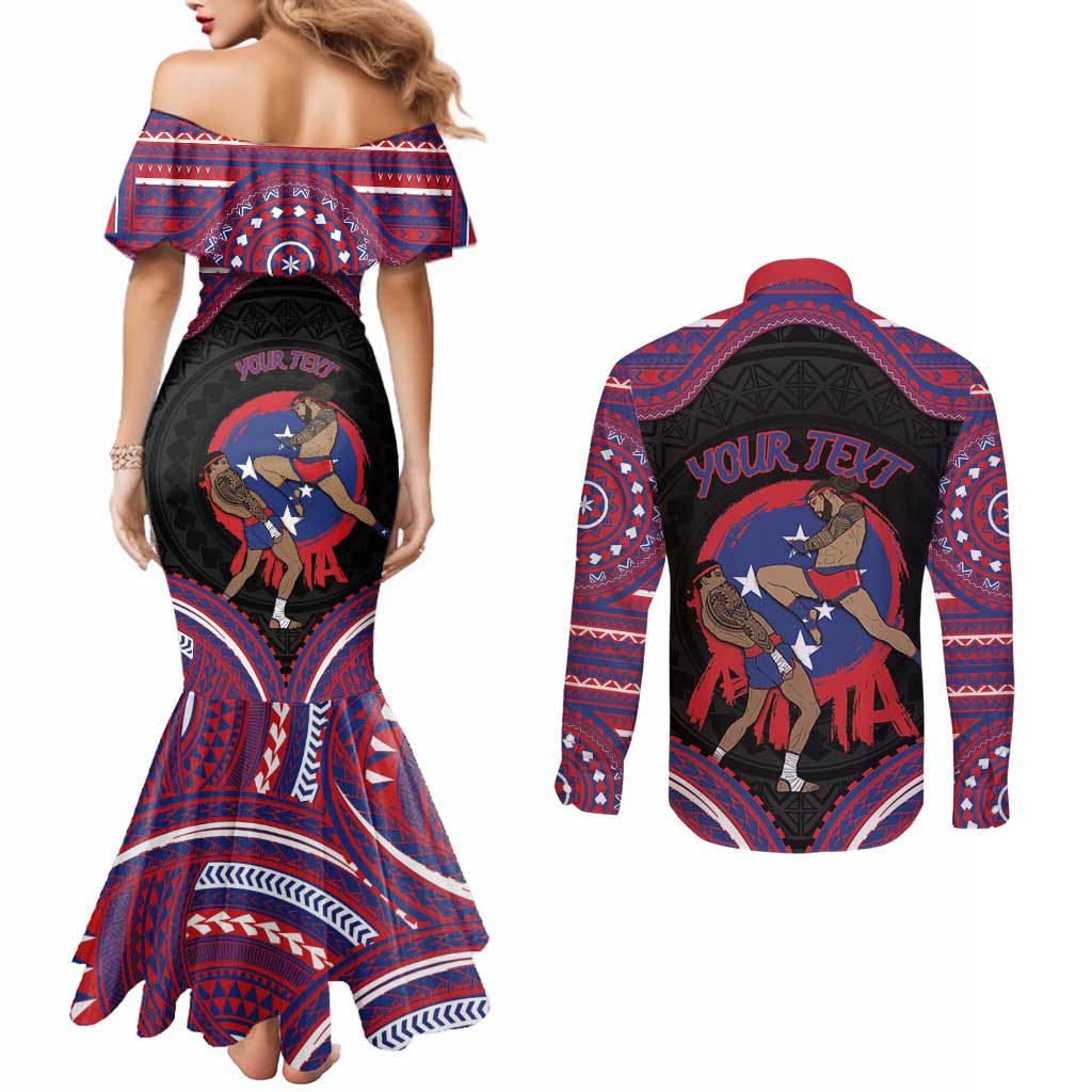 Personalised Samoa Mixed Martial Arts Couples Matching Mermaid Dress and Long Sleeve Button Shirt Flying Knee Of Samoan - Polynesian Pride
