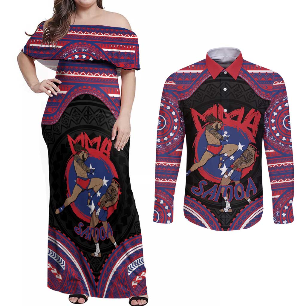 Personalised Samoa Mixed Martial Arts Couples Matching Off Shoulder Maxi Dress and Long Sleeve Button Shirt Flying Knee Of Samoan - Polynesian Pride