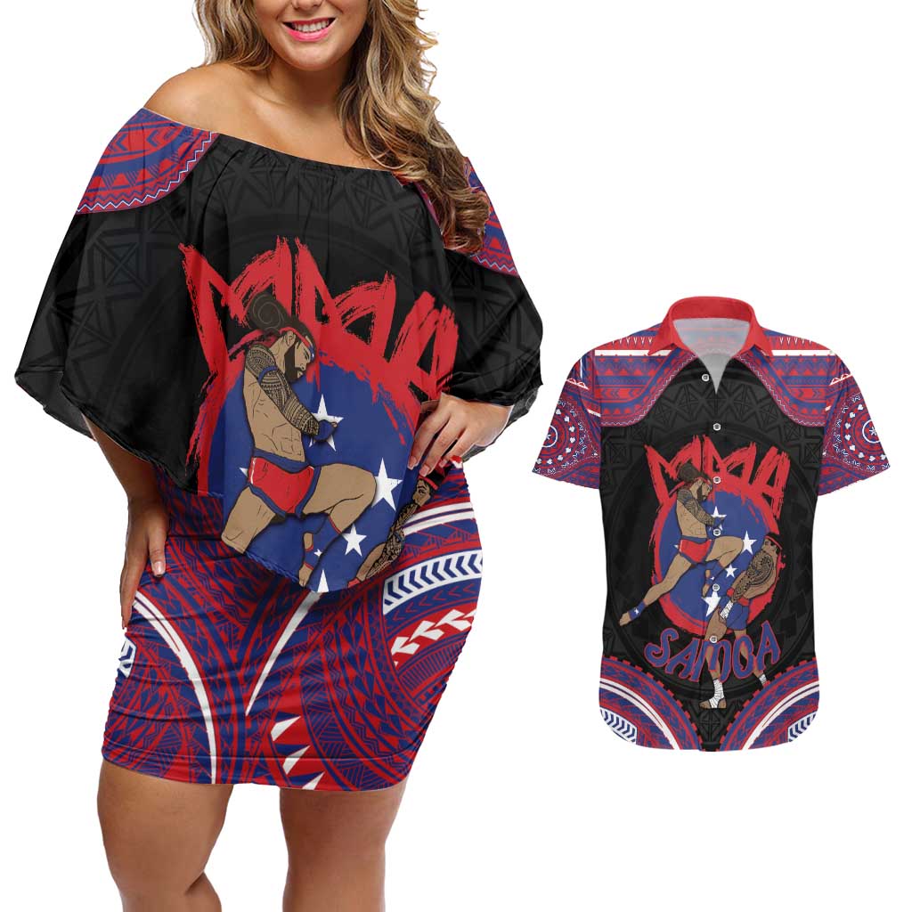 Personalised Samoa Mixed Martial Arts Couples Matching Off Shoulder Short Dress and Hawaiian Shirt Flying Knee Of Samoan - Polynesian Pride