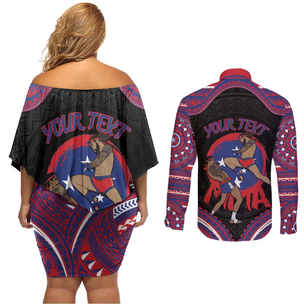Personalised Samoa Mixed Martial Arts Couples Matching Off Shoulder Short Dress and Long Sleeve Button Shirt Flying Knee Of Samoan - Polynesian Pride