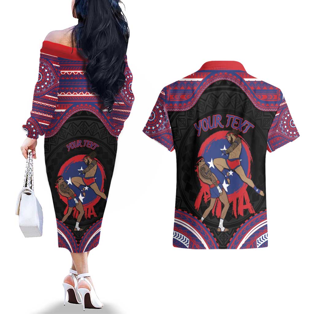 Personalised Samoa Mixed Martial Arts Couples Matching Off The Shoulder Long Sleeve Dress and Hawaiian Shirt Flying Knee Of Samoan DT05 - Polynesian Pride