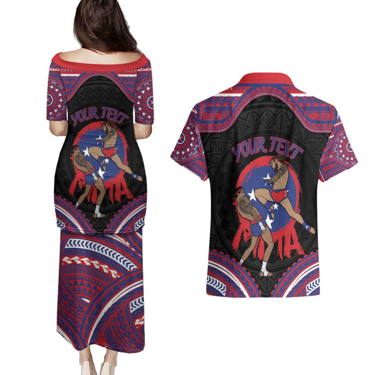 Personalised Samoa Mixed Martial Arts Couples Matching Puletasi and Hawaiian Shirt Flying Knee Of Samoan - Polynesian Pride