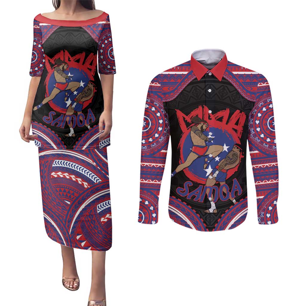 Personalised Samoa Mixed Martial Arts Couples Matching Puletasi and Long Sleeve Button Shirt Flying Knee Of Samoan - Polynesian Pride