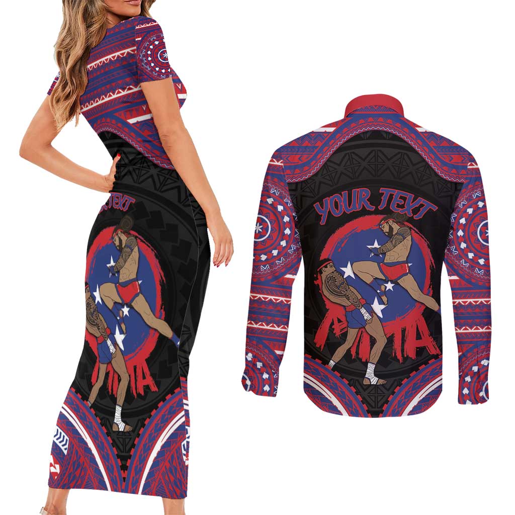 Personalised Samoa Mixed Martial Arts Couples Matching Short Sleeve Bodycon Dress and Long Sleeve Button Shirt Flying Knee Of Samoan - Polynesian Pride