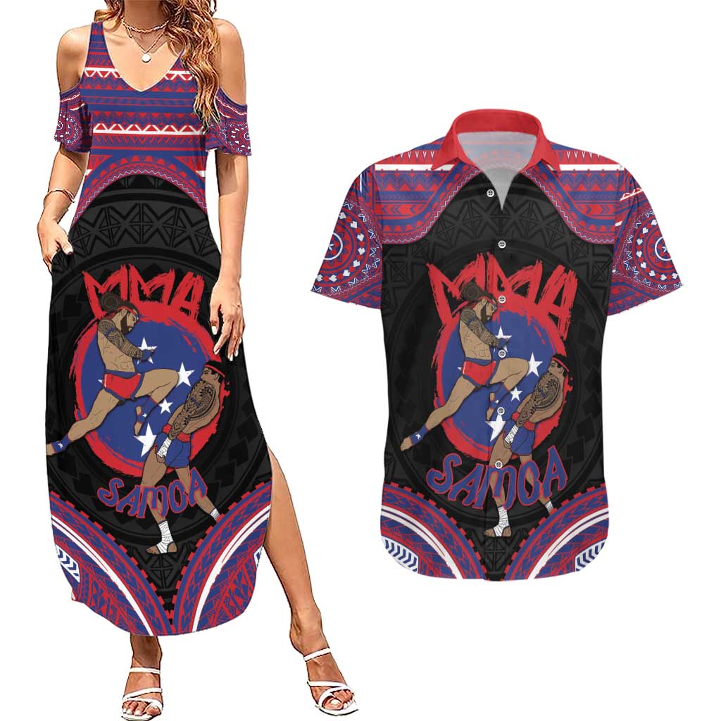 Personalised Samoa Mixed Martial Arts Couples Matching Summer Maxi Dress and Hawaiian Shirt Flying Knee Of Samoan - Polynesian Pride