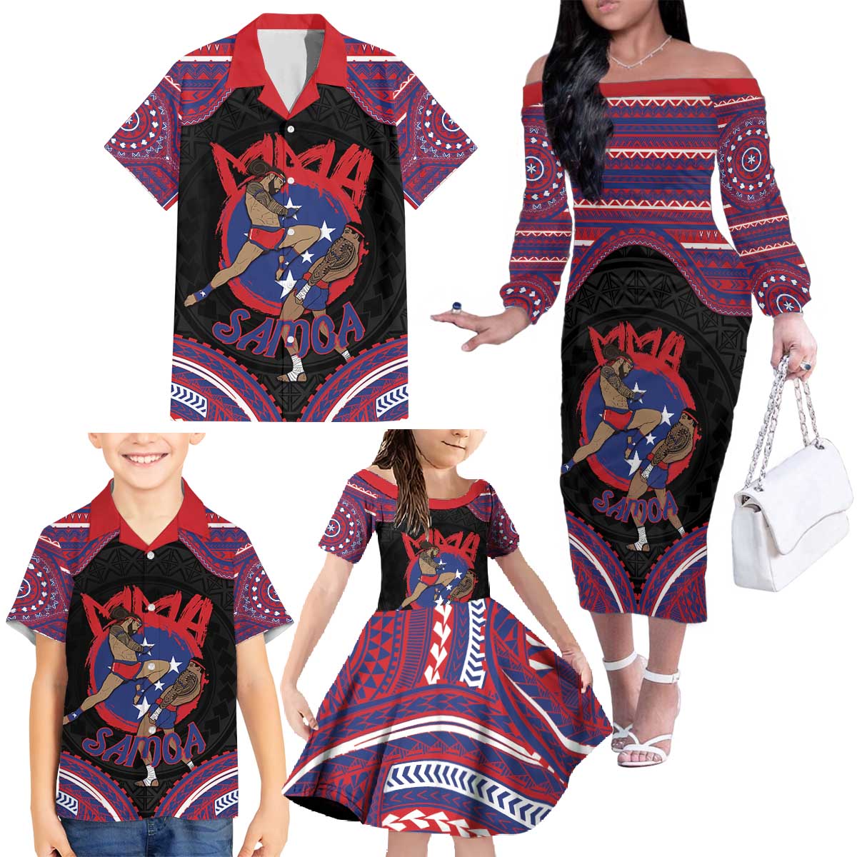 Personalised Samoa Mixed Martial Arts Family Matching Off The Shoulder Long Sleeve Dress and Hawaiian Shirt Flying Knee Of Samoan DT05 - Polynesian Pride