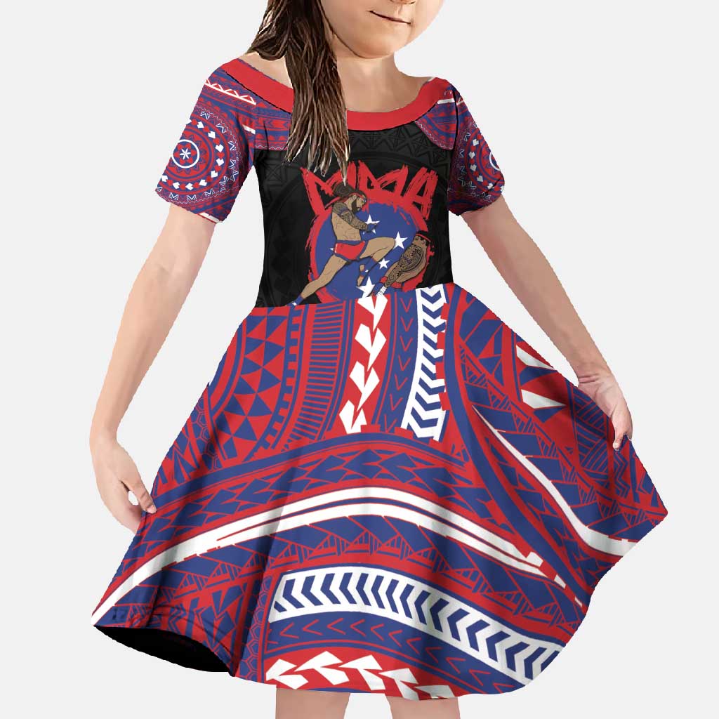Personalised Samoa Mixed Martial Arts Family Matching Off Shoulder Maxi Dress and Hawaiian Shirt Flying Knee Of Samoan DT05 Daughter's Dress Black - Polynesian Pride