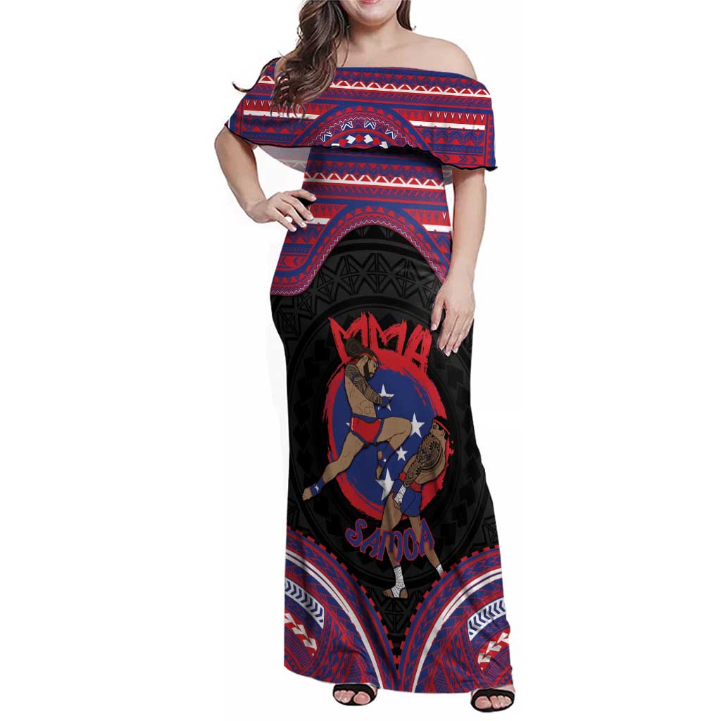 Personalised Samoa Mixed Martial Arts Family Matching Off Shoulder Maxi Dress and Hawaiian Shirt Flying Knee Of Samoan DT05 Mom's Dress Black - Polynesian Pride