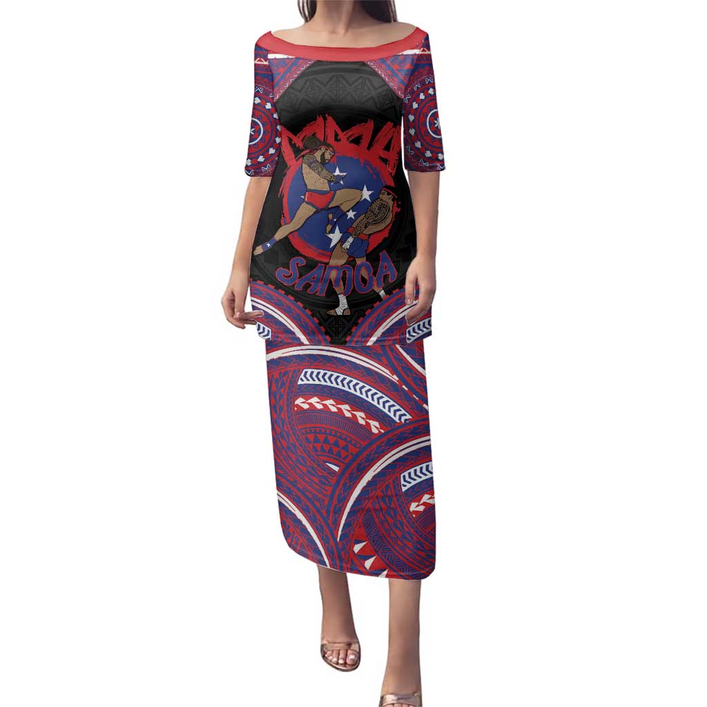 Personalised Samoa Mixed Martial Arts Family Matching Puletasi and Hawaiian Shirt Flying Knee Of Samoan DT05 Mom's Dress Black - Polynesian Pride