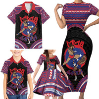 Personalised Samoa Mixed Martial Arts Family Matching Short Sleeve Bodycon Dress and Hawaiian Shirt Flying Knee Of Samoan DT05 - Polynesian Pride