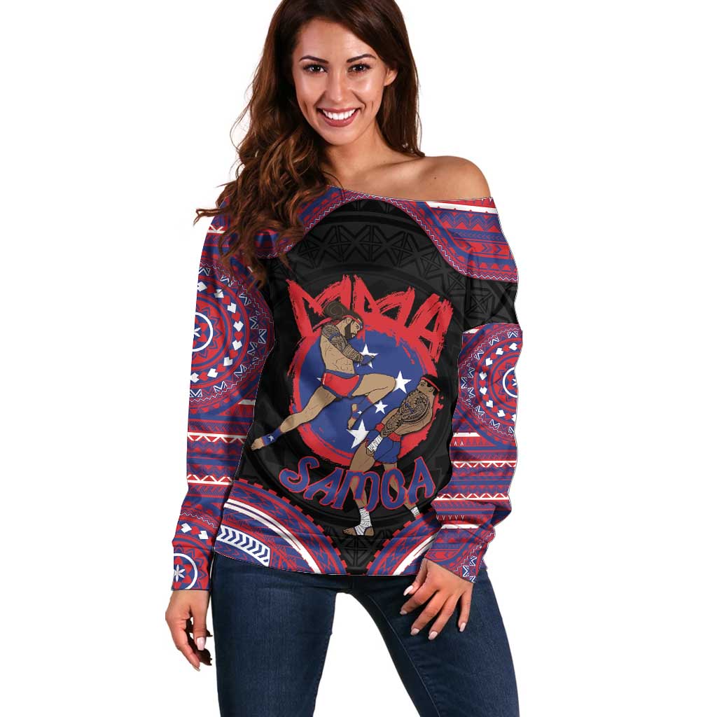 Personalised Samoa Mixed Martial Arts Off Shoulder Sweater Flying Knee Of Samoan - Polynesian Pride